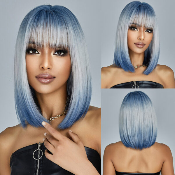 Wig With Bangs Gradient Blue Short Straight Hair - Image 6