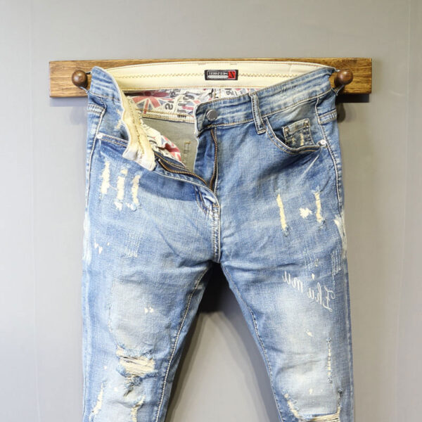 Slim Trend Elastic Small Feet Men's Blue Jeans - Image 5