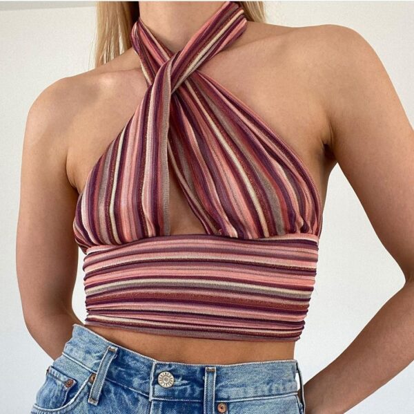 Striped Halter Neck Strap Sexy Top - Image 3