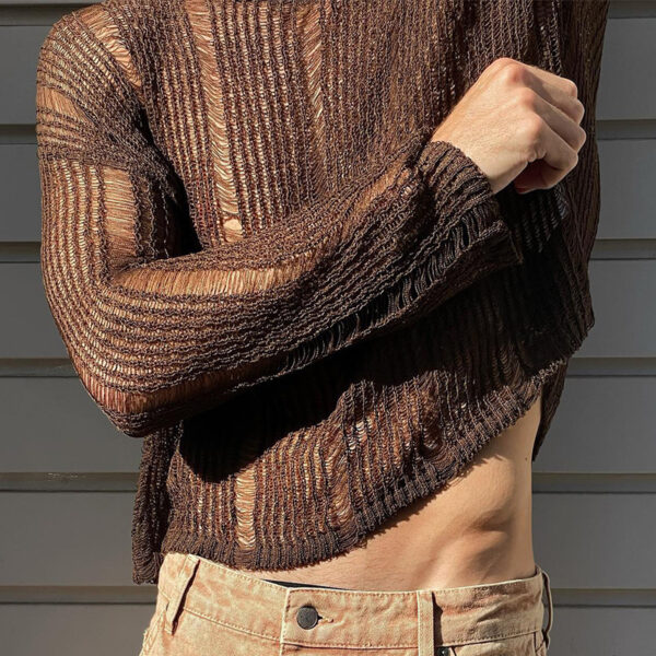 Solid Color Mesh Knitted Slim Men's Top - Image 6