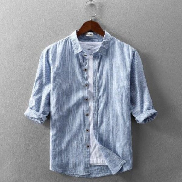 Summer Men's Casual Linen Shirt Lapel Striped Loose Shirt - Image 2