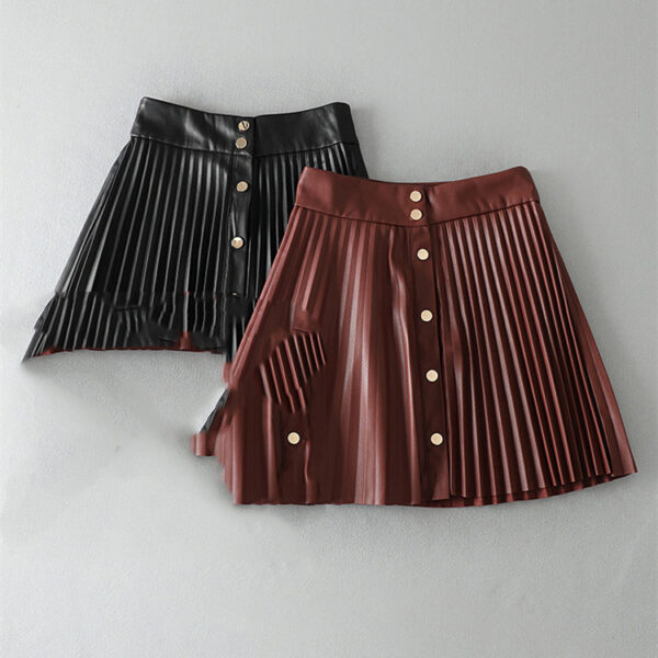 Button Leather Short Skirt High Waist A-Line Thin