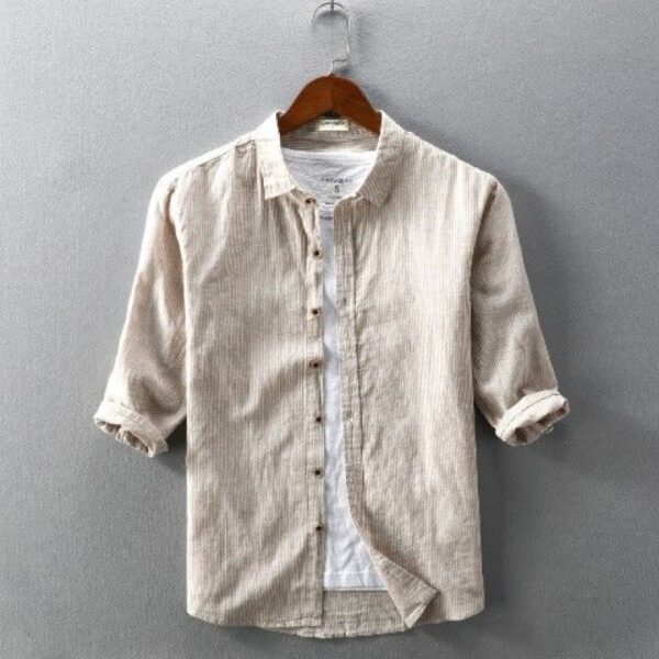 Summer Men's Casual Linen Shirt Lapel Striped Loose Shirt - Image 4