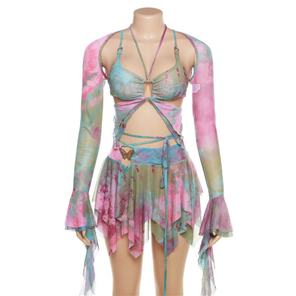 Flared Sleeves Butterfly Lace-up Cutout Skirt Outfit - Image 4