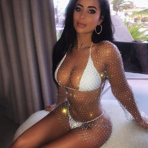 Women Rhinestone Cutout Mesh Top Blouse - Image 3