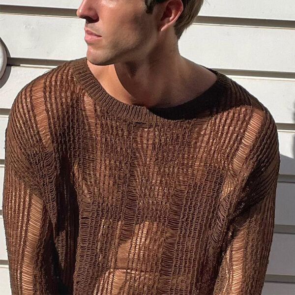 Solid Color Mesh Knitted Slim Men's Top - Image 4