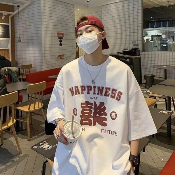 Casual Loose Pure Cotton HAPPINESS T-shirt - Image 2