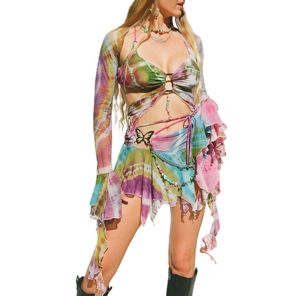 Flared Sleeves Butterfly Lace-up Cutout Skirt Outfit - Image 3