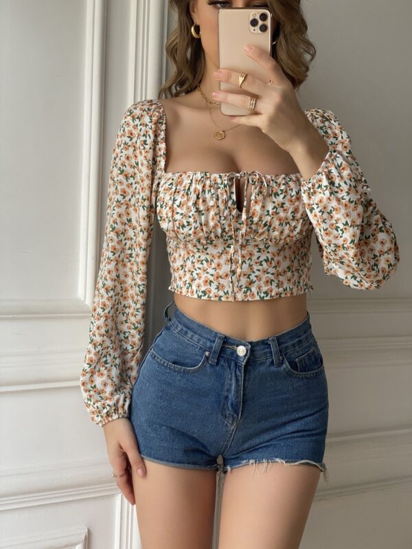 Floral Shirt Retro Square Collar Blouse