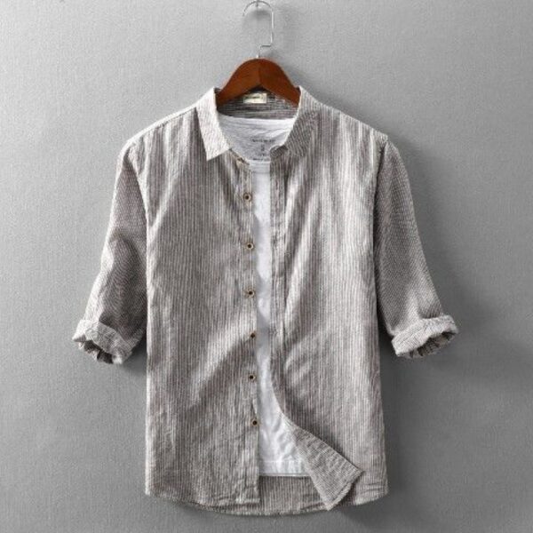 Summer Men's Casual Linen Shirt Lapel Striped Loose Shirt - Image 3