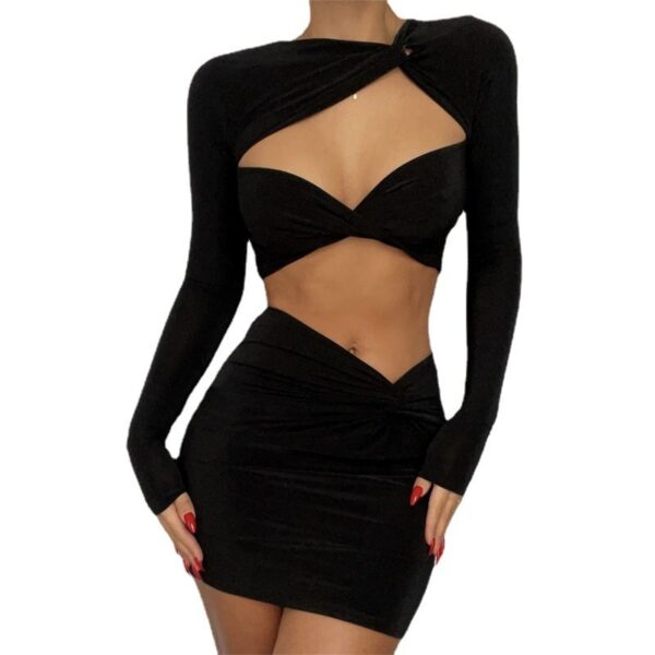 Sexy Midriff Long-sleeved Skirt Two-piece Spice Outfit - Image 2