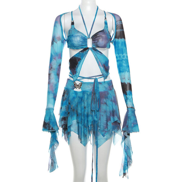 Flared Sleeves Butterfly Lace-up Cutout Skirt Outfit - Image 6
