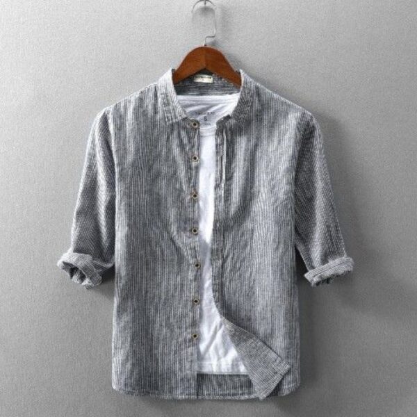 Summer Men's Casual Linen Shirt Lapel Striped Loose Shirt