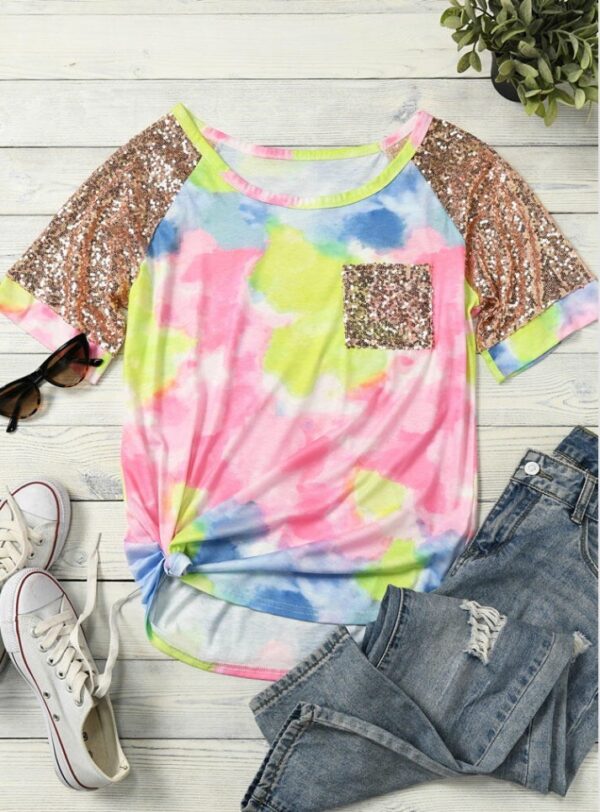 Tie-dye sequined short sleeve women - Image 4