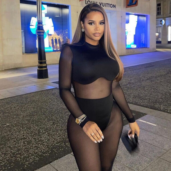 Women Mesh Stitching See-Through Jumpsuit - Image 2