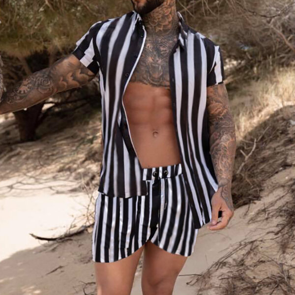 Casual Beach Vertical Striped Shirt And Shorts Suit