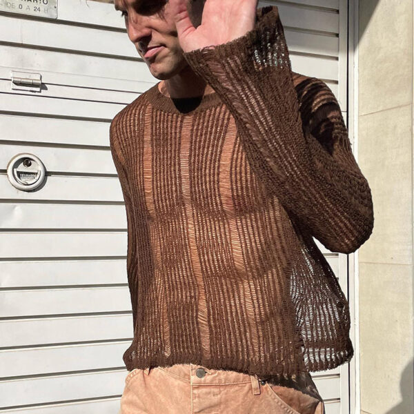 Solid Color Mesh Knitted Slim Men's Top - Image 7