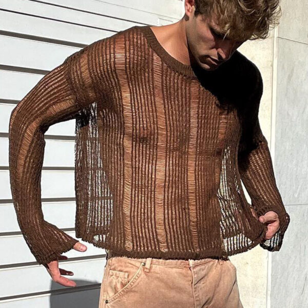 Solid Color Mesh Knitted Slim Men's Top