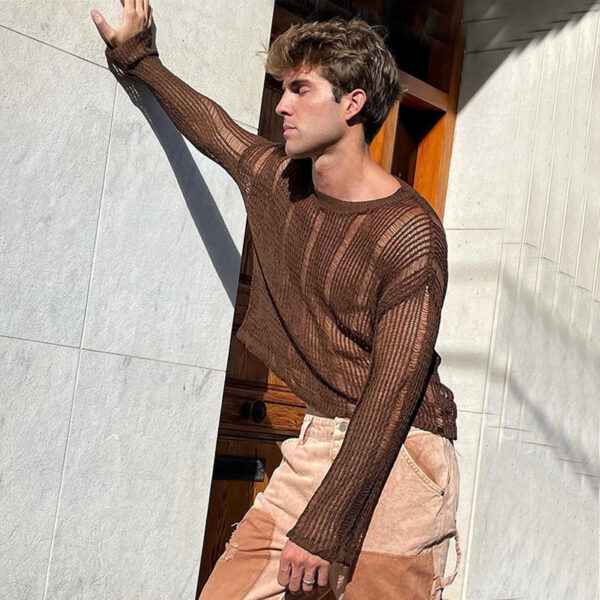 Solid Color Mesh Knitted Slim Men's Top - Image 3