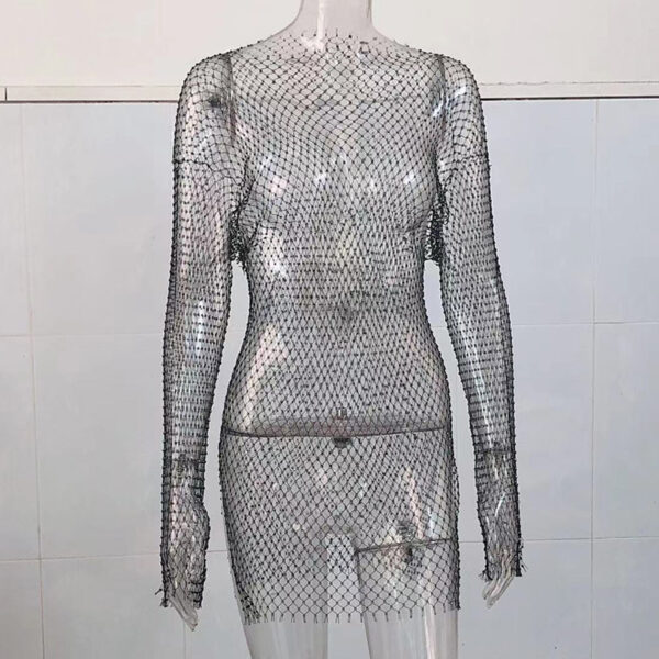 Women Rhinestone Cutout Mesh Top Blouse - Image 5