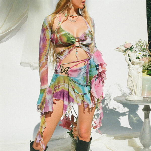 Flared Sleeves Butterfly Lace-up Cutout Skirt Outfit