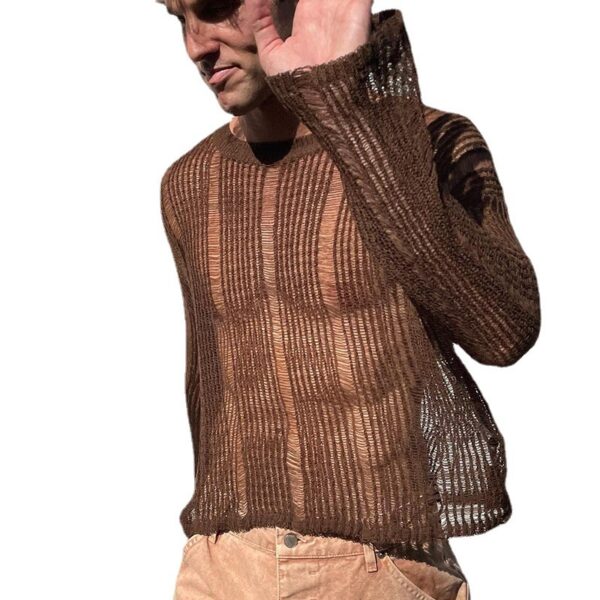 Solid Color Mesh Knitted Slim Men's Top - Image 2