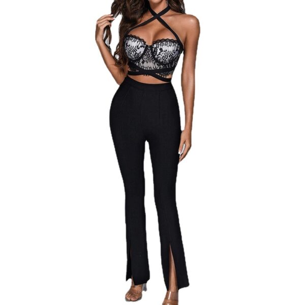 Lace Halter Midriff Outfit Front Slit Bandage Jumpsuit - Image 7
