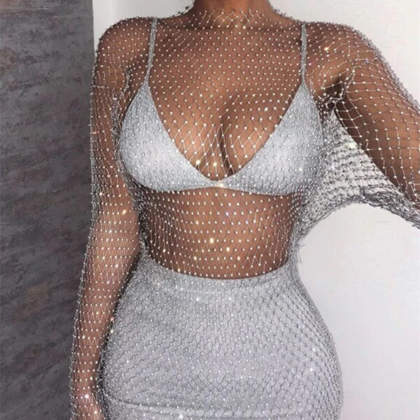 Women Rhinestone Cutout Mesh Top Blouse - Image 2