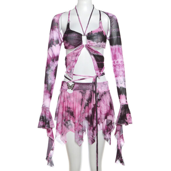 Flared Sleeves Butterfly Lace-up Cutout Skirt Outfit - Image 5