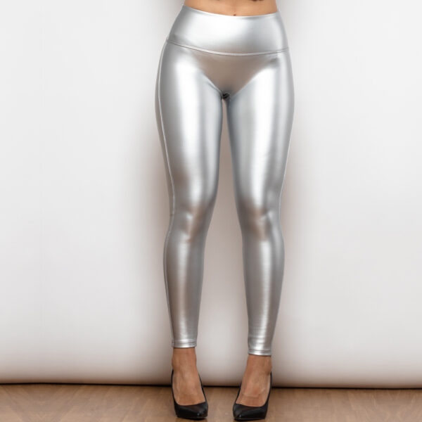 Silver High Waist Leather Metallic Leggings - Image 2
