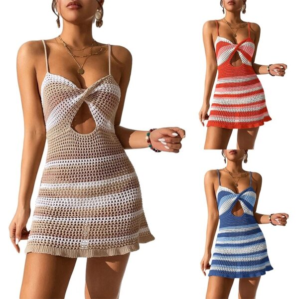 Knitted Spaghetti Strap Dress - Twisted Crochet Cutout - Image 5