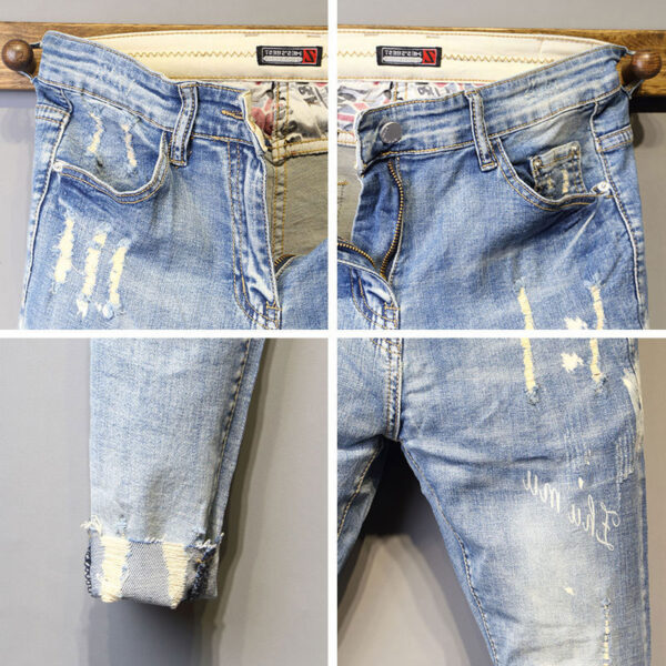 Slim Trend Elastic Small Feet Men's Blue Jeans - Image 6