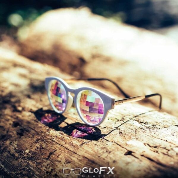 GloFX White Cat Eye Kaleidoscope Glasses – Rainbow Bug Eye - Image 2
