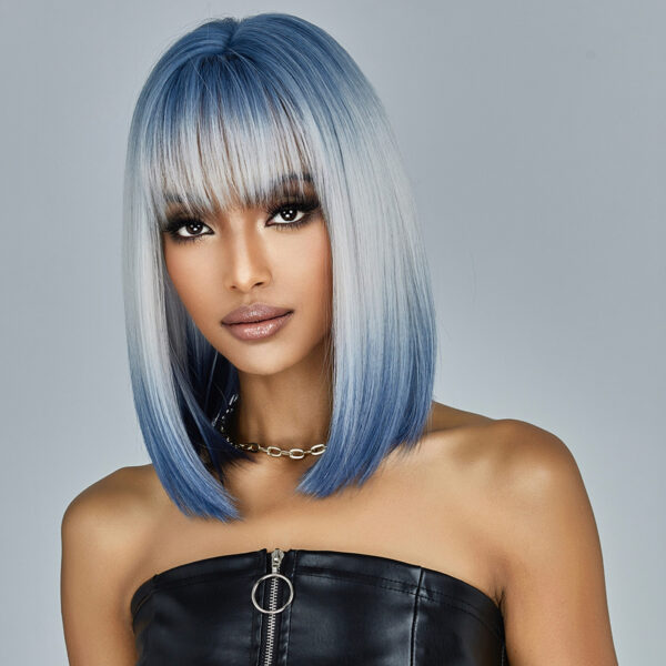 Wig With Bangs Gradient Blue Short Straight Hair - Image 8