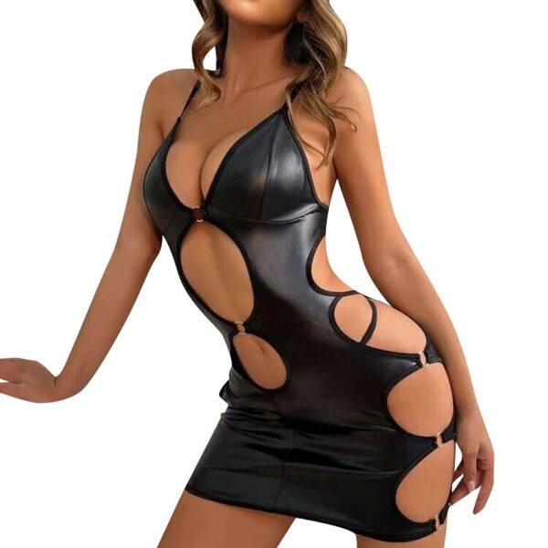 Sexy Black Patent Leather Halter Hollow-out Dress - Image 5